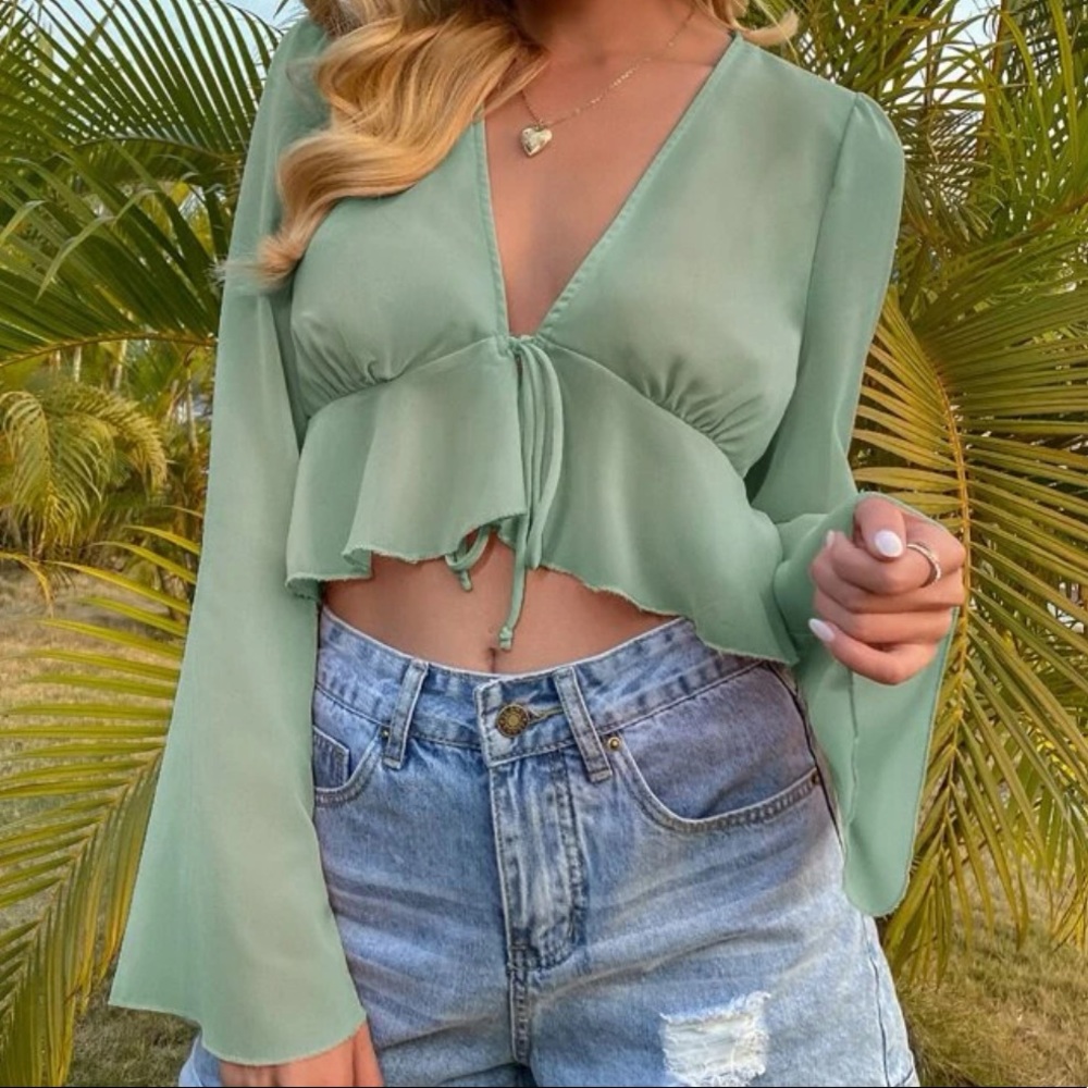 Tie Front Ruffle Hem Bell Sleeve Top - Picture 1 of 4